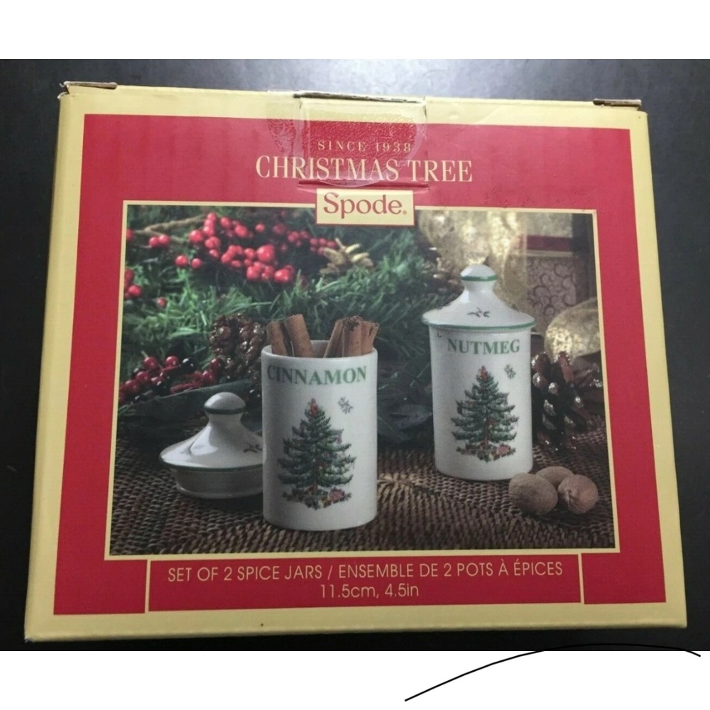 Spode 2 pc Set Spice Jars - Green Christmas Tree Pattern